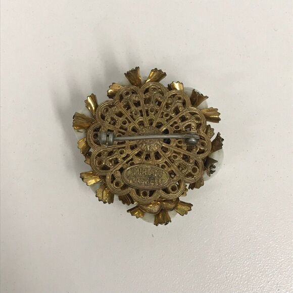 Vintage Miriam Haskell Pin‎ White Faceted Stones Rhinestones Gold Tone Metal - Picture 5 of 6
